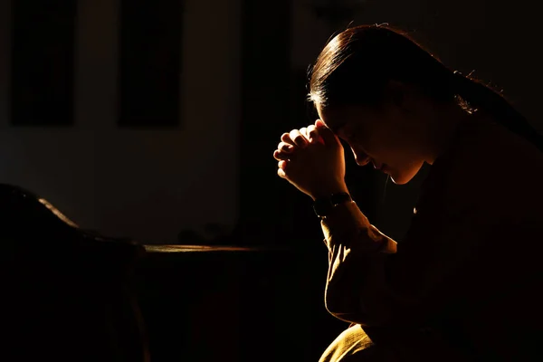 Depressed Women Sitting Low Light Church Praying International Human Rights — Stock Photo, Image