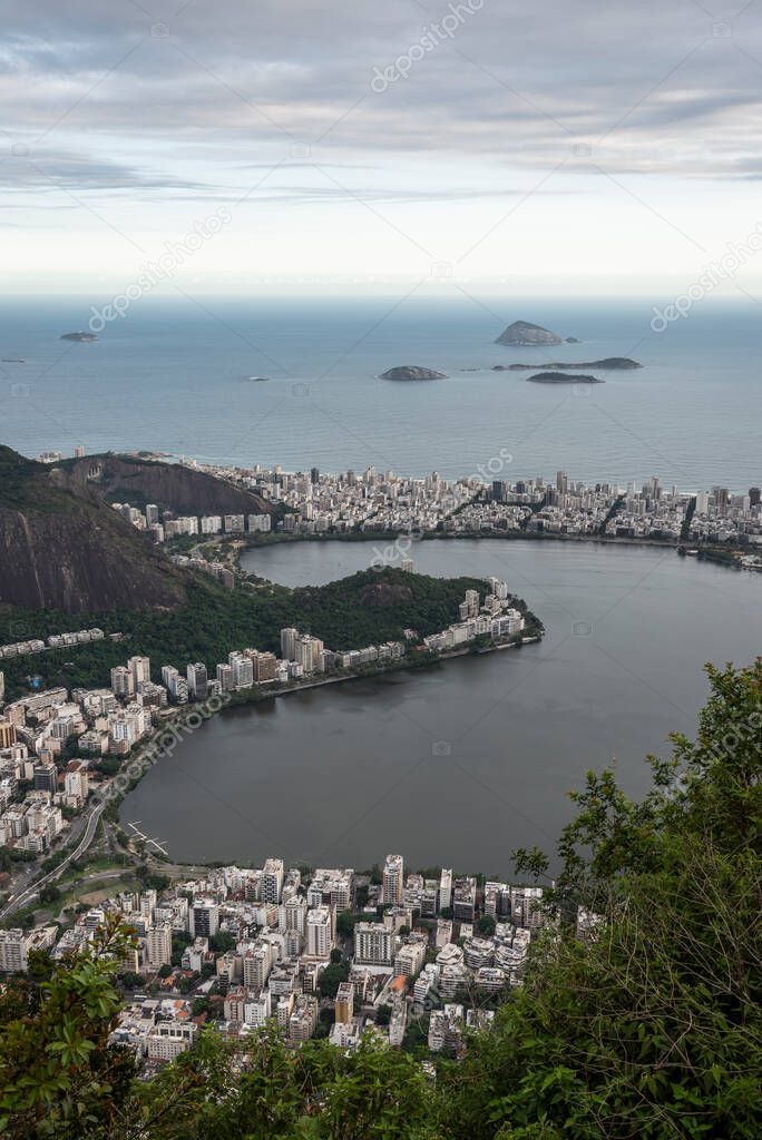 Beautiful view to the city lagoon and ocean from Corcovado Mountain, Tijuca Forest, Rio de Janeiro, Brazil