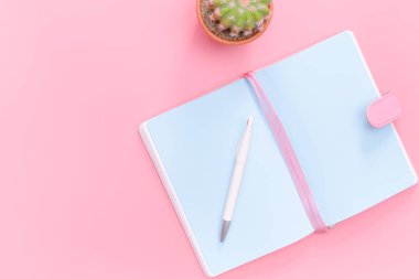 Çalışma masası tasarım ofis malzemeleri pembe pastel arka planda kaktüs ile minimal stil