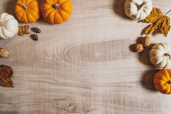 Feliz Día Acción Gracias Con Calabaza Nuez Mesa Madera — Foto de Stock