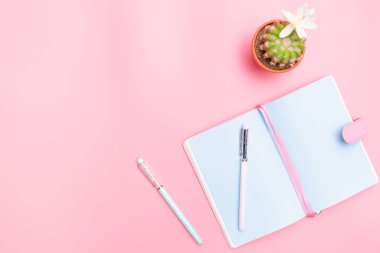 Çalışma masası tasarım ofis malzemeleri pembe pastel arka planda kaktüs ile minimal stil