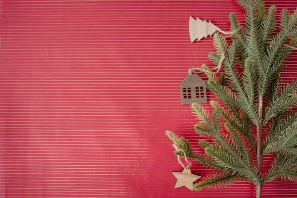 Hermoso Fondo Navidad Con Ramas Abeto Rojo Verde Abeto Cono — Foto de Stock