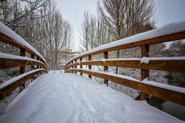 Zasněžený Dřevěný Most Přes Řeku Stromy — Stock fotografie