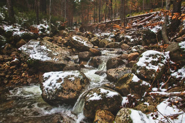 Eau Tombant Entre Les Rochers Dans Rivière Enneigée — Photo