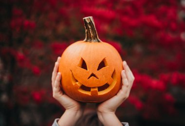 Cadılar bayramı balkabağı yüzünde bir gülümsemeyle.