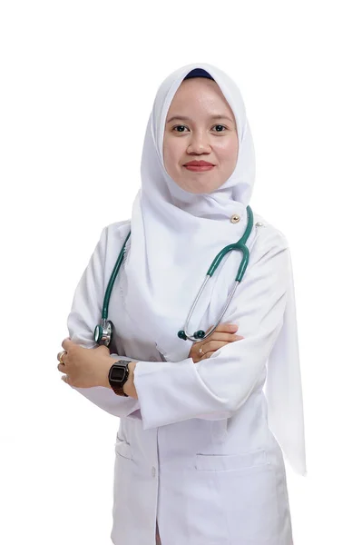 Happy Successful Female Asian Muslim Nurse Doctor Isolated White — Foto Stock