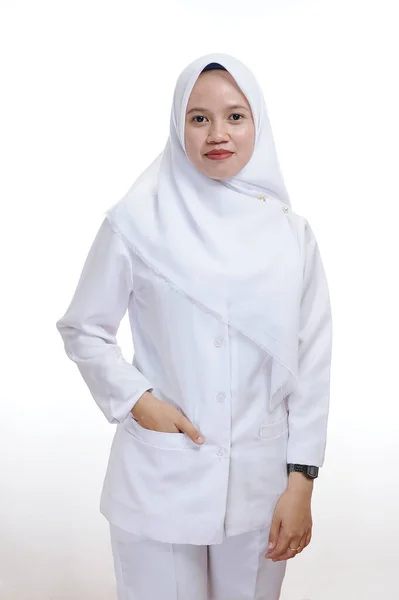 Happy Successful Female Asian Muslim Nurse Doctor Isolated White — Foto Stock