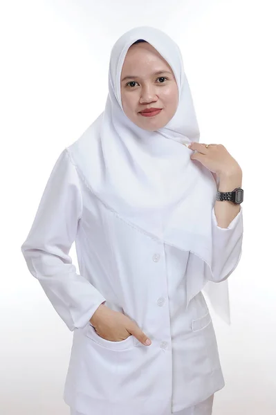 Happy Successful Female Asian Muslim Nurse Doctor Isolated White — Foto Stock