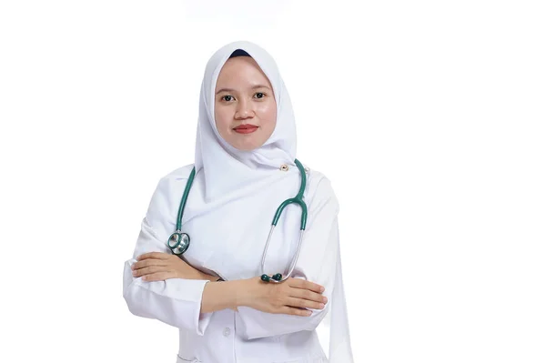 Happy Successful Female Asian Muslim Nurse Doctor Smiling Confidently Crossed — Stockfoto