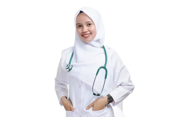 Happy Berhasil Perawat Wanita Muslim Asia Atau Dokter Tersenyum Dengan — Stok Foto