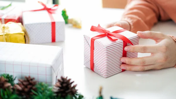 Closeup Female Hands Holding Gift Box Christmas Birthday Happy New — Stock Photo, Image