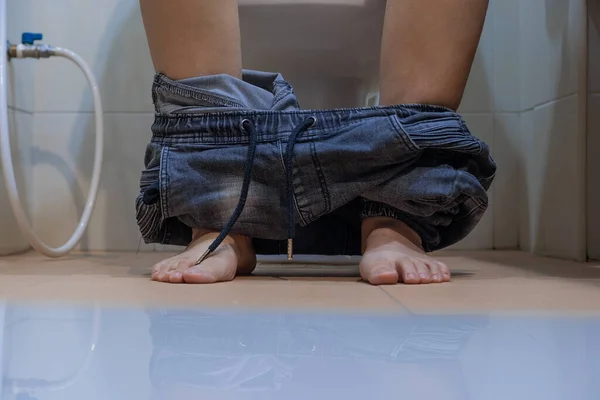 Close Woman Constipation Sitting Toilet — Stock Photo, Image