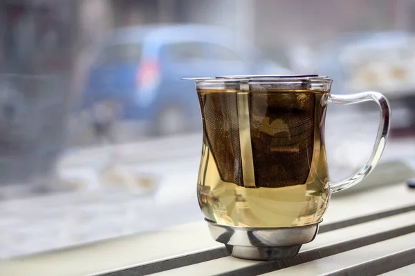 Cup Tasty Green Tea Window — Fotografia de Stock