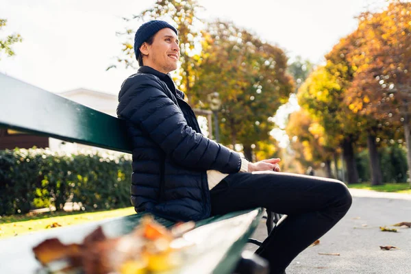 Young Man Bench Sunny Autumn Day — 图库照片