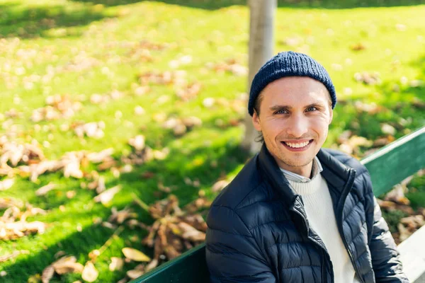 Young Man Bench Sunny Autumn Day — Foto Stock