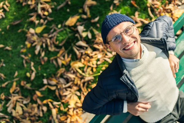 Young Man Bench Sunny Autumn Day — 图库照片