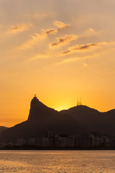Vacker Solnedgång Havsutsikt Till Corcovado Mountain Och Geografi Rio Janeiro — Stockfoto
