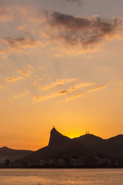 Vacker Solnedgång Havsutsikt Till Corcovado Mountain Och Geografi Rio Janeiro — Stockfoto