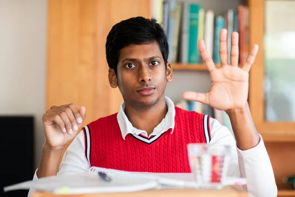 Handsome Indian Student Studying University Bookshelf Background — Stok fotoğraf