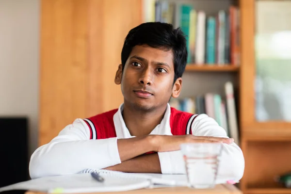 Handsome Indian Student Studying University Bookshelf Background — Stok fotoğraf