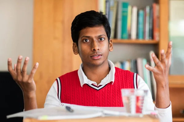 Handsome Indian Student Studying University Bookshelf Background — Stok fotoğraf
