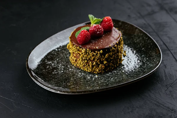 Fruit Chocolate Desserts Textured Black Background — Stock Photo, Image