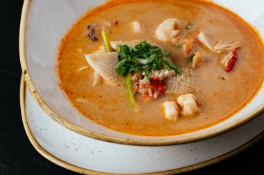 Asyalı Tom Yam çorbası ve siyah bir pilav.