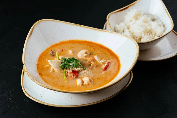 Asian Tom Yam Soup Rice Textured Black Background — Stock Photo, Image