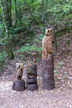 Ormanda konumlanmış baykuş şeklinde işlemeli ahşap totem
