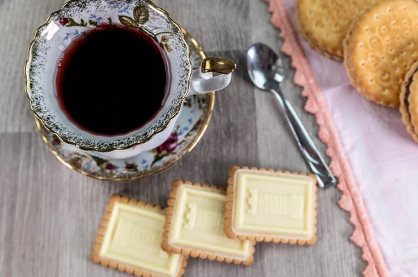 Combinação Comida Com Chá Biscoitos Uma Mesa Madeira Cima — Fotografia de Stock