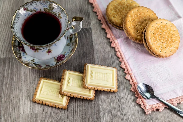 Combinação Comida Com Chá Biscoitos Uma Mesa Madeira Cima — Fotografia de Stock