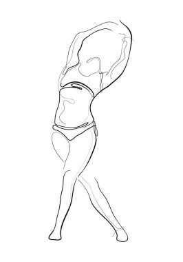 Tandavasana pozu ya da poz yogasında duran karakter kadının el çizimi çizimi çizimi.