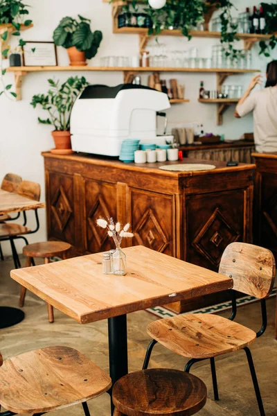 Houten Tafel Stoel Café Details Van Restaurant Interieur Ontwerp — Stockfoto