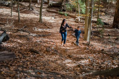Genç anne çocuklarla ormanda yürüyor.
