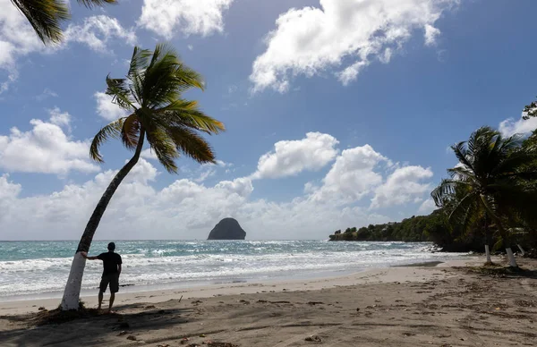 Homme Silhouette Debout Sur Belle Plage Avec Des Palmiers — Photo