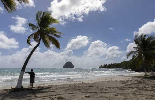 Homme Silhouette Debout Sur Belle Plage Avec Des Palmiers — Photo