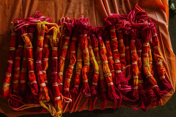 Overhead View Tie Dyed Wrapped Shirts Red Orange — 图库照片