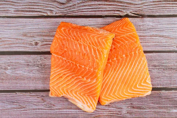 Fresh Raw Salmon Fish Steak Wooden Board — Stock Photo, Image