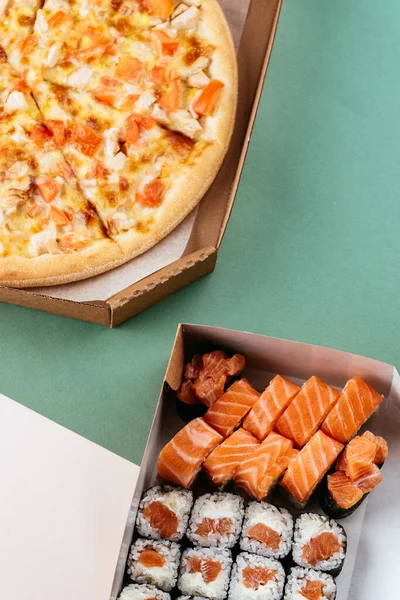 Conjunto Comida Reparto Rollos Sushi Pizza —  Fotos de Stock