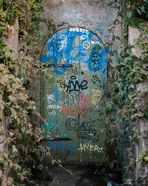 Puerta Cemento Graffitied Naturaleza —  Fotos de Stock