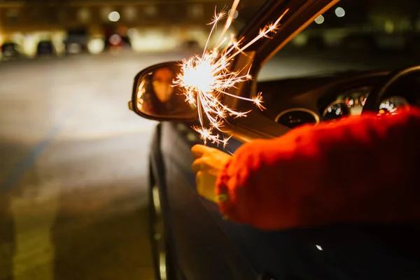 Woman Mask Car Sparkler Night — Stock Photo, Image