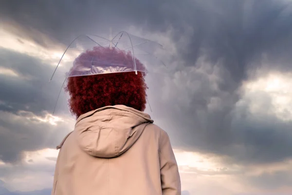 Woman Umbrella Cloudy Day — 图库照片