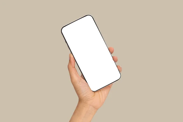 Mão Segurando Telefone Celular Com Tela Branco Isolado Fundo Branco — Fotografia de Stock