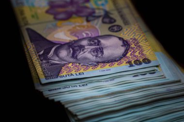 Seçici olarak bir yığın LEI Romen parasına odaklan. İzole edilmiş banknotlar..
