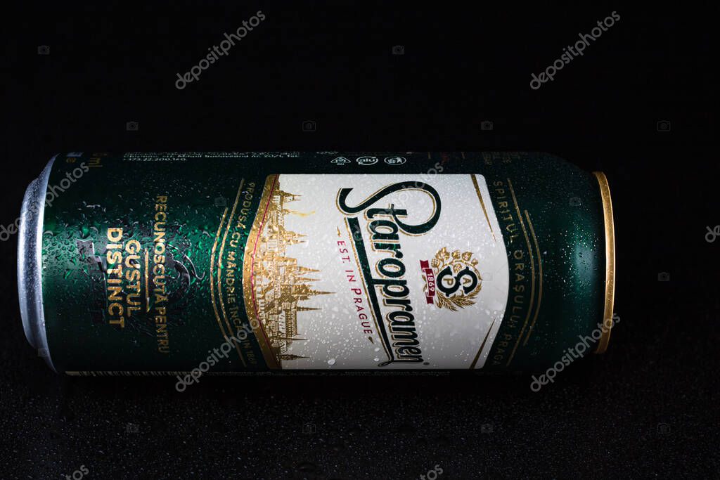 Staropramen  beer can isolated on black background. Bucharest, Romania, 2021