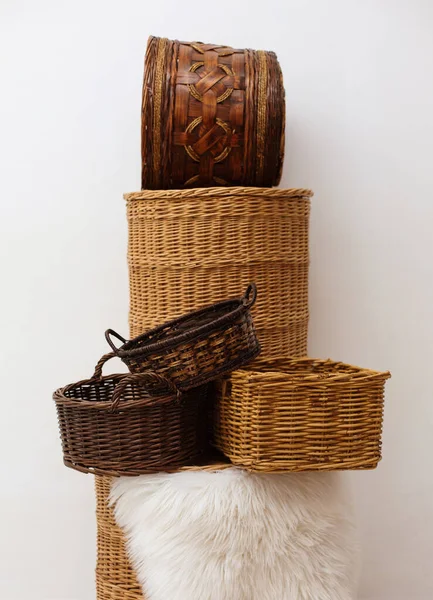 Stack Beautiful Craft Wicker Baskets Straw Reed Bamboo — Stock Photo, Image