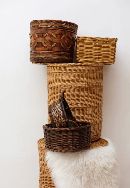 Stack Six Different Wicker Baskets Handmade Craft Home Storage — Stock Photo, Image