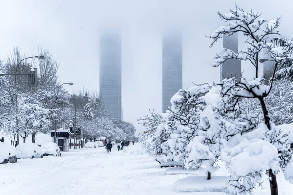 Uitzicht Winter Vier Torens Van Madrid Uitzicht Vanaf Een Besneeuwd — Stockfoto