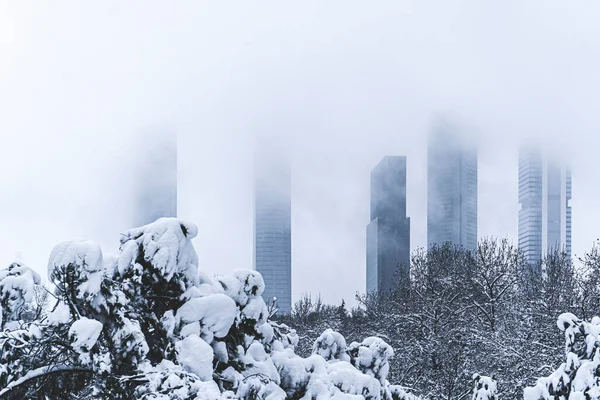 Uitzicht Winter Vier Torens Van Madrid Uitzicht Vanaf Een Besneeuwd — Stockfoto