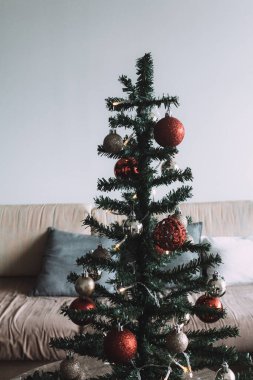Yazın Brisbane, Avustralya 'da Noel ağacı süsleyen beyaz tişörtlü bir erkek.